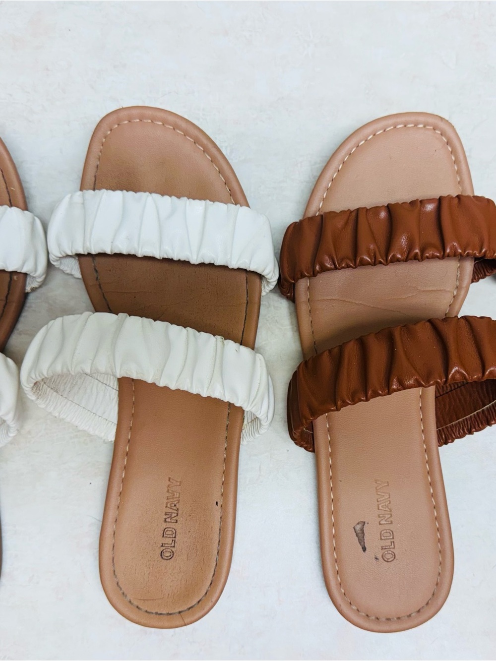 Old Navy Ruched Double-Strap Slides in White & Brown